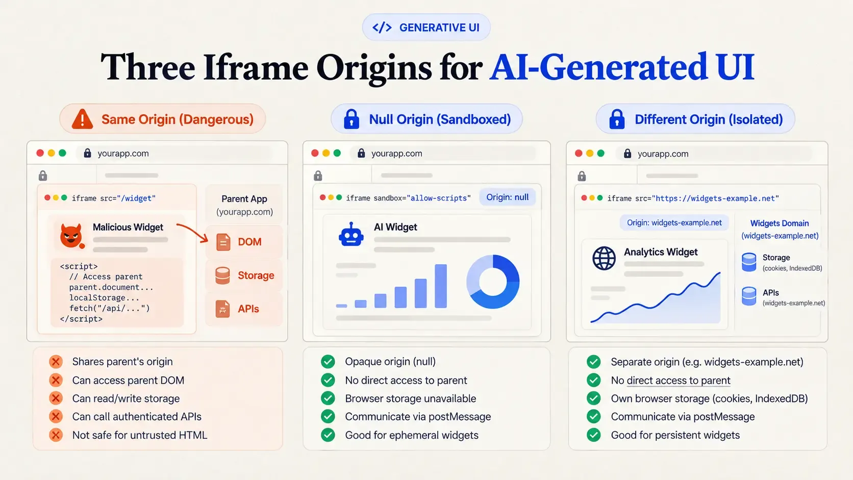 Three iframe origins for AI-generated UI: same origin, null origin, different origin