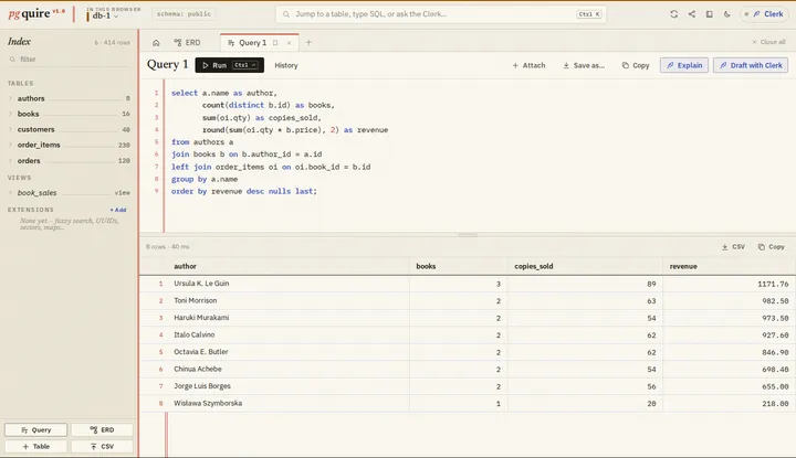 pgquire — A Postgres Workbench in One HTML File